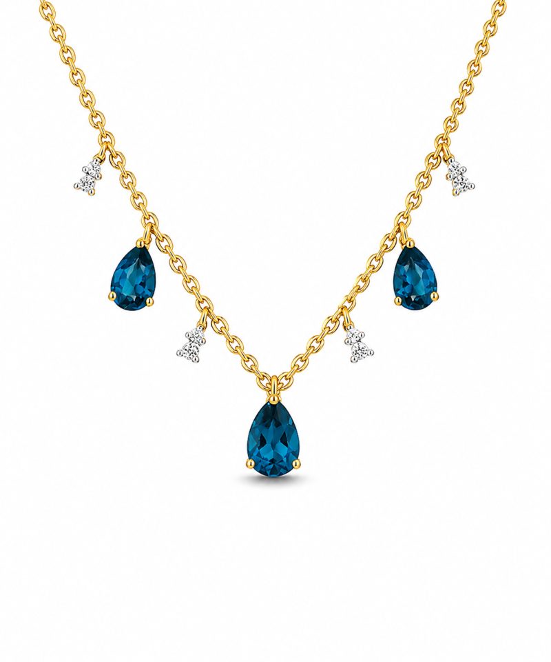 Halsskjede i gult gull, London Blue Topas og Diamanter