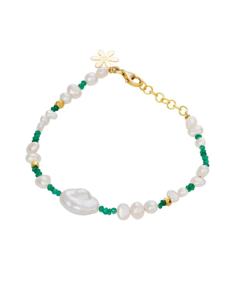 Armbånd Forgylt sølv - Grønn Agat, Ferskvannsperler