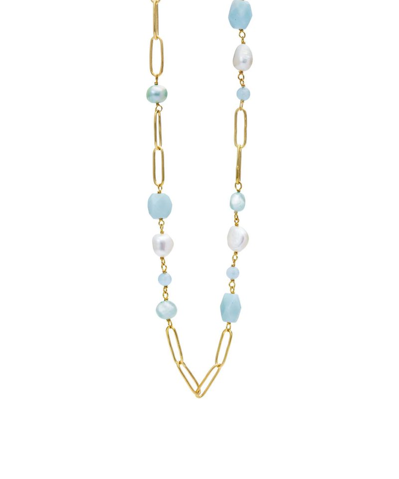 Halskjede i forgylt sølv, aquamarine, amazonite og perler
