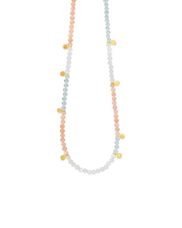 Halskjede i forgylt med aquamarine, hvit og peach månestein