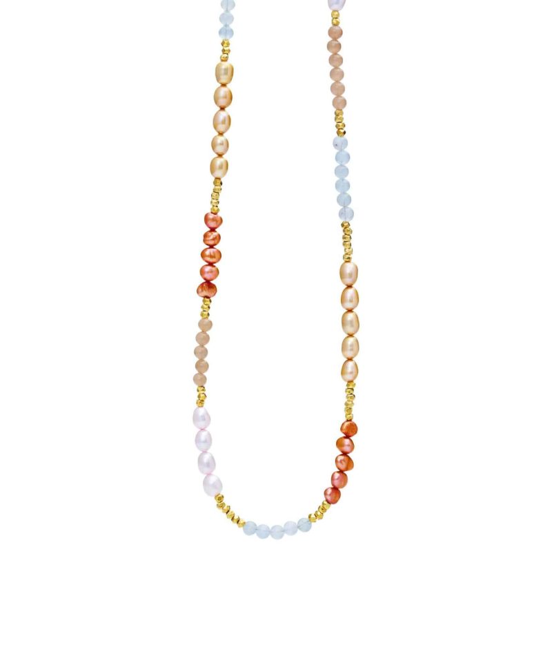 Halskjede forgylt sølv - aqamarine, månestein og perle