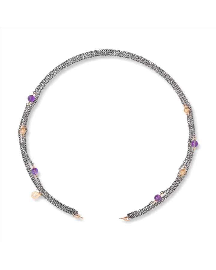 Golden - Stålkjede 3 rader med ametyst og gullkuler