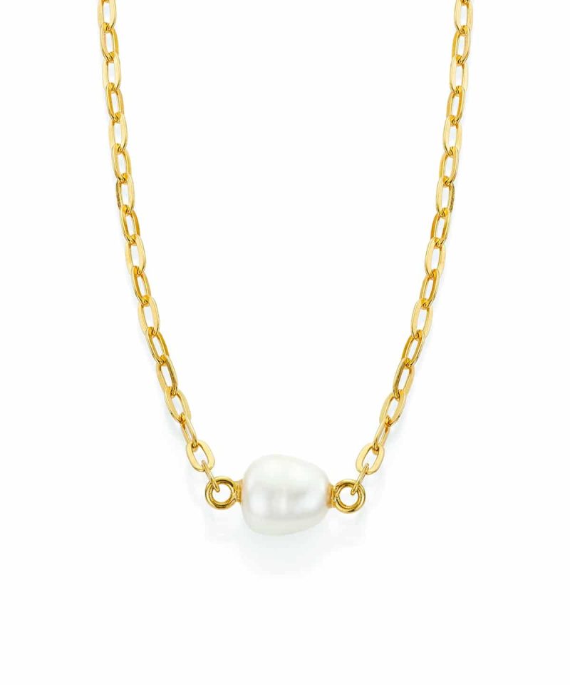 Cannes kjede i sølv med perle 3,5 mm - Forgylt. Fersvannsperle. Lengde 42+3 cm