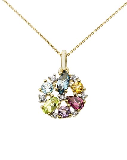 Anheng i gult gull med diamanter og fargesteiner