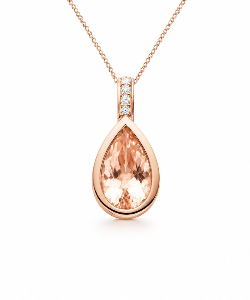 Anheng i rosè gull, Morganitt og diamanter 0,035 ct