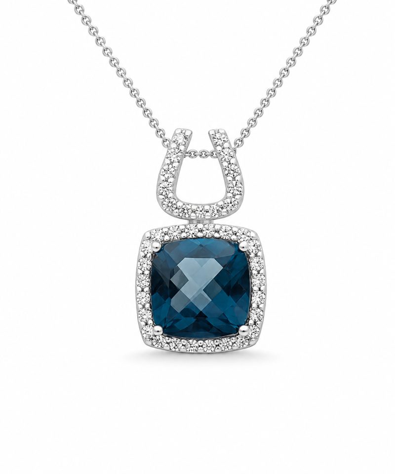 Anheng i hvitt gull, London blue topas og diamanter 0,19 ct
