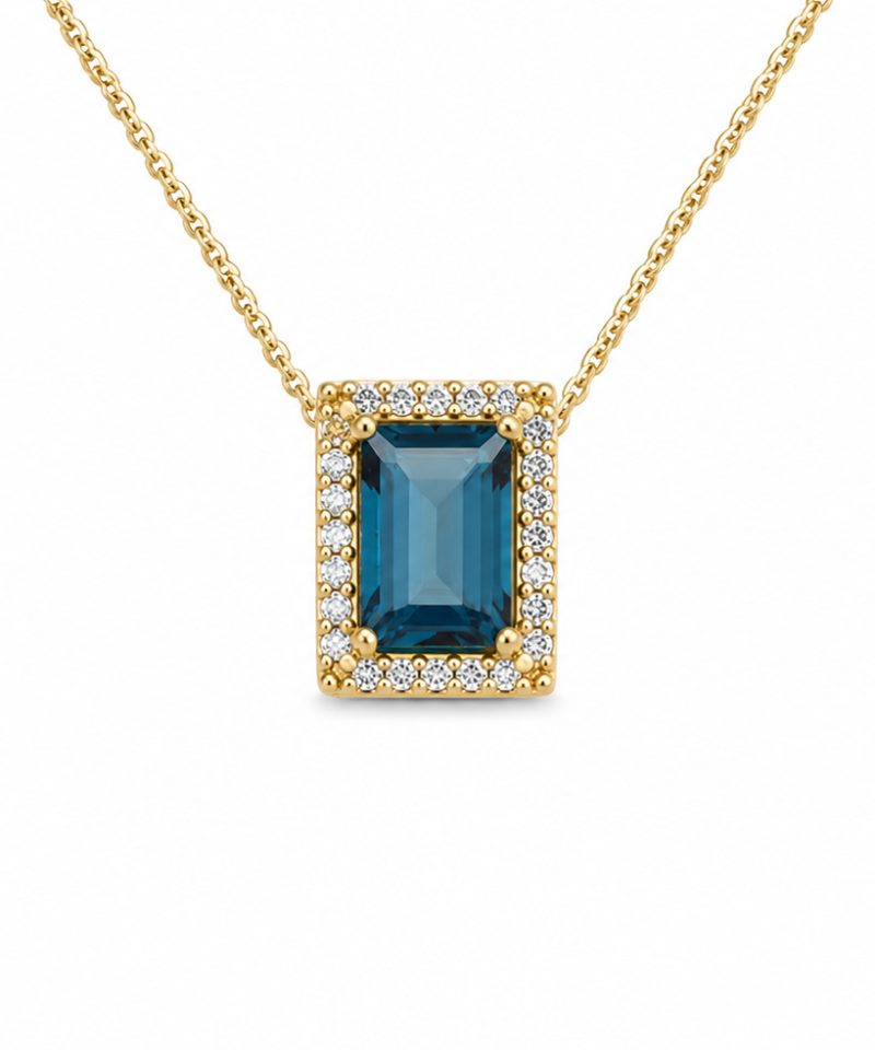 Anheng i gult gull, London blue topas og diamanter 0,09 ct
