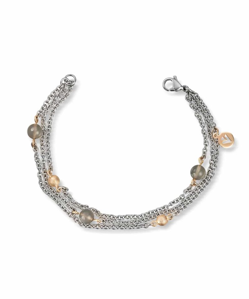 Golden - Armbånd i stål 3 rader mix med grå månestein og gullkuler