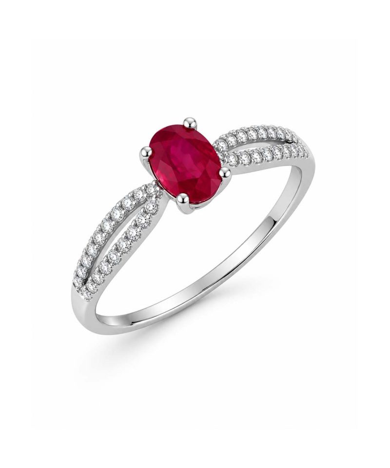 Ring i hvitt gull, Rubin og diamanter 0,15 ct