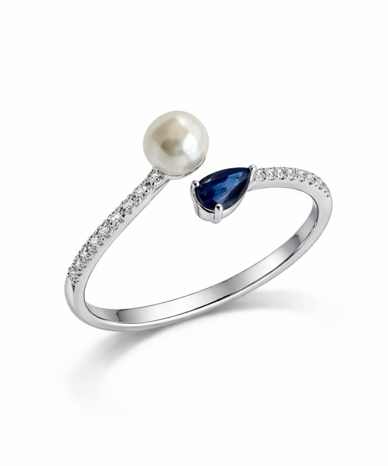 Ring hvitt gull med diamanter, safir og akoya perle