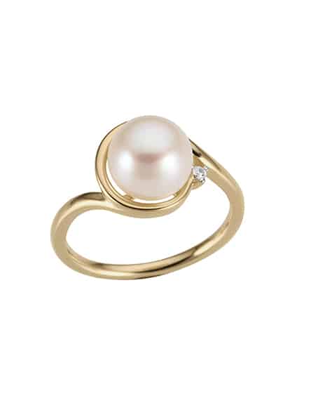 Perle ring i gull med diamant