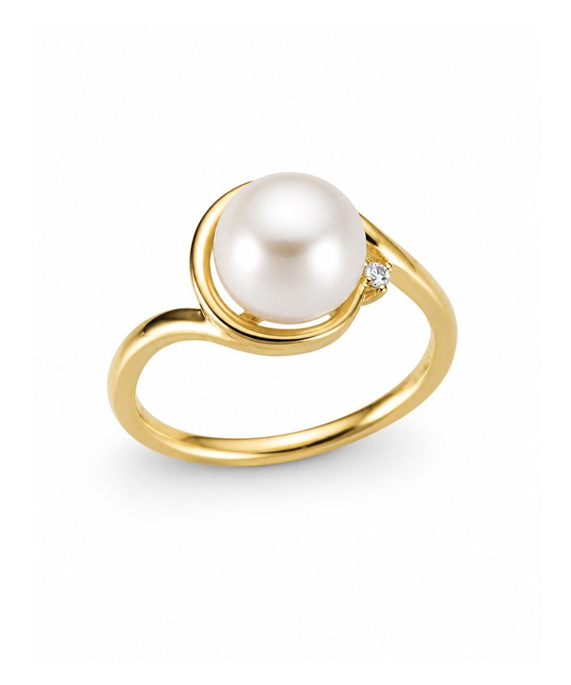 Ring i gult gull med ferskvannsperle og diamant