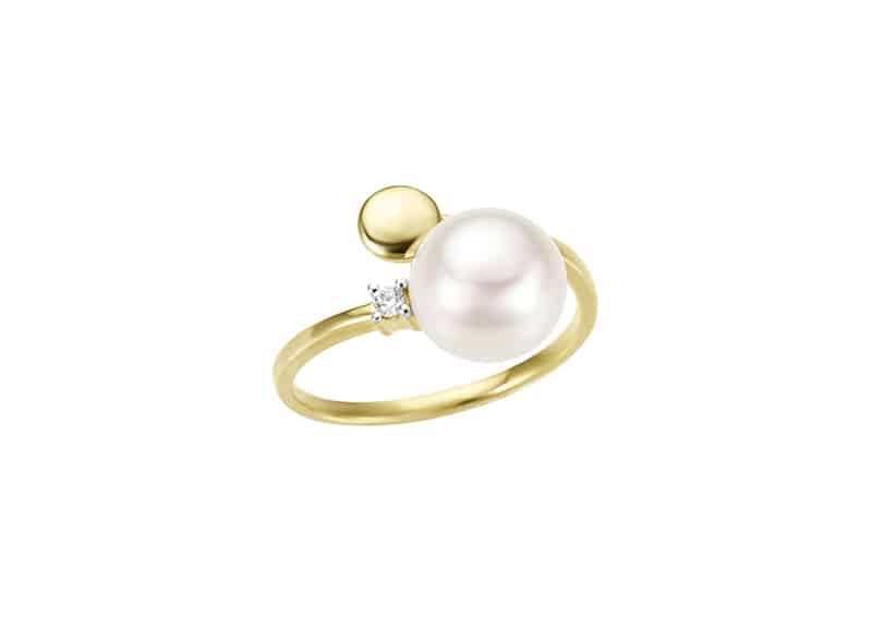 Ring perle i gull med diamant 0,03ct w/si