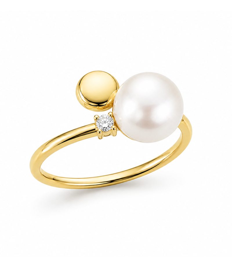 Ring i gult gull, Ferskvannsperle og diamant 0,03 ct