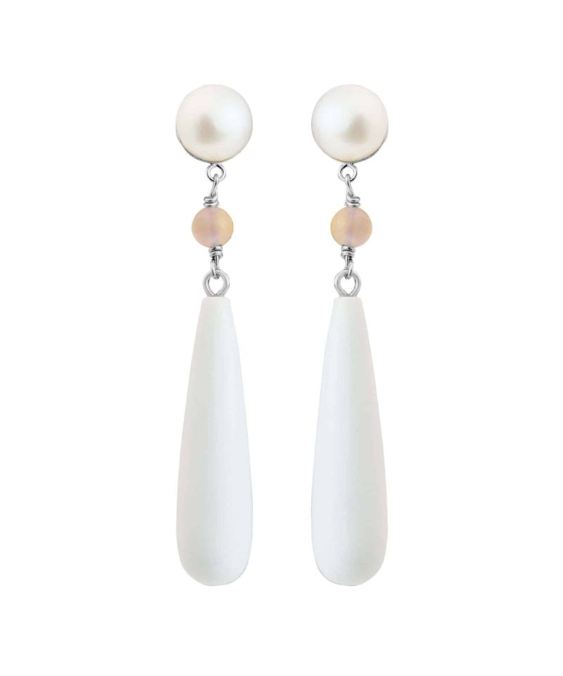 Ørepynt sølv med perle, månestein og hvit agat