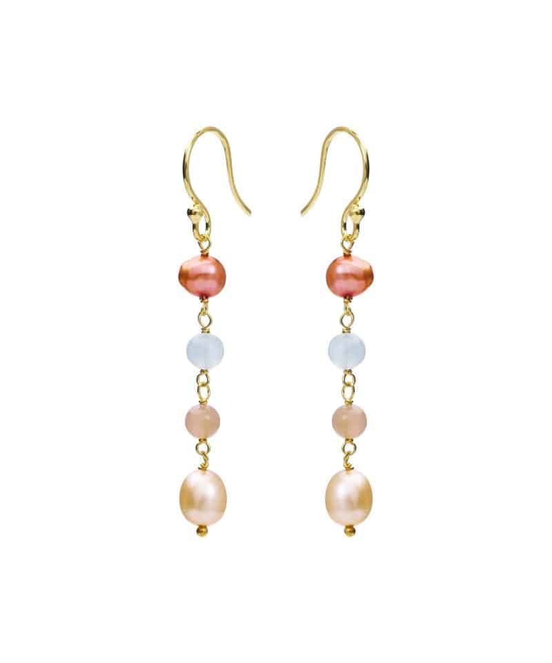 Ørepynt forgylt sølv - aquamarine, månestein og perle