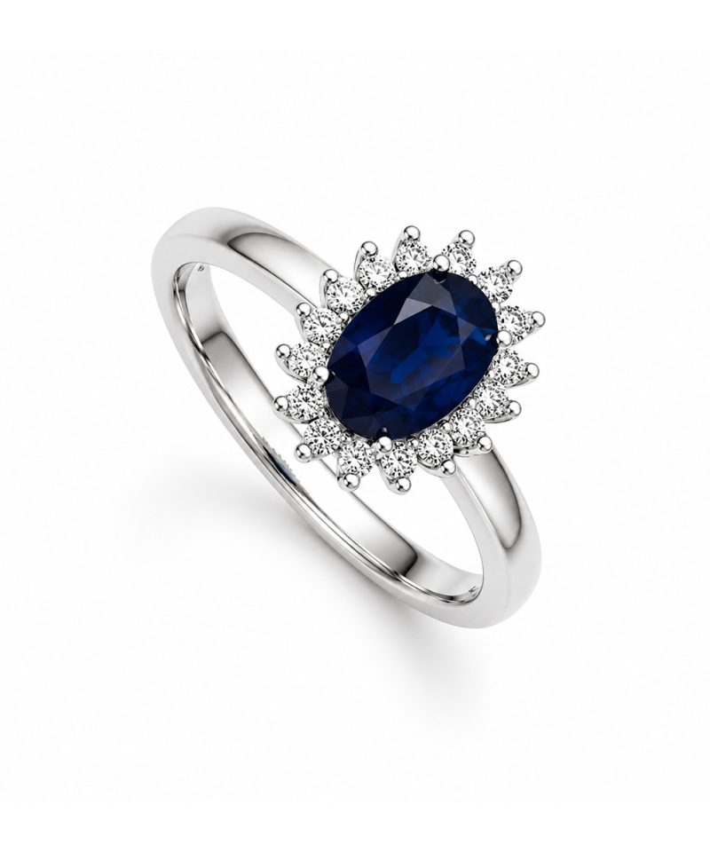 Ring i hvitt gull rosett, Safir og Diamanter