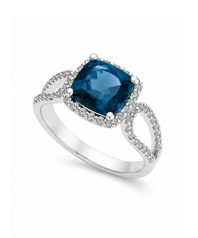 Ring i hvitt gull, London blue topas og diamanter 0,32 ct