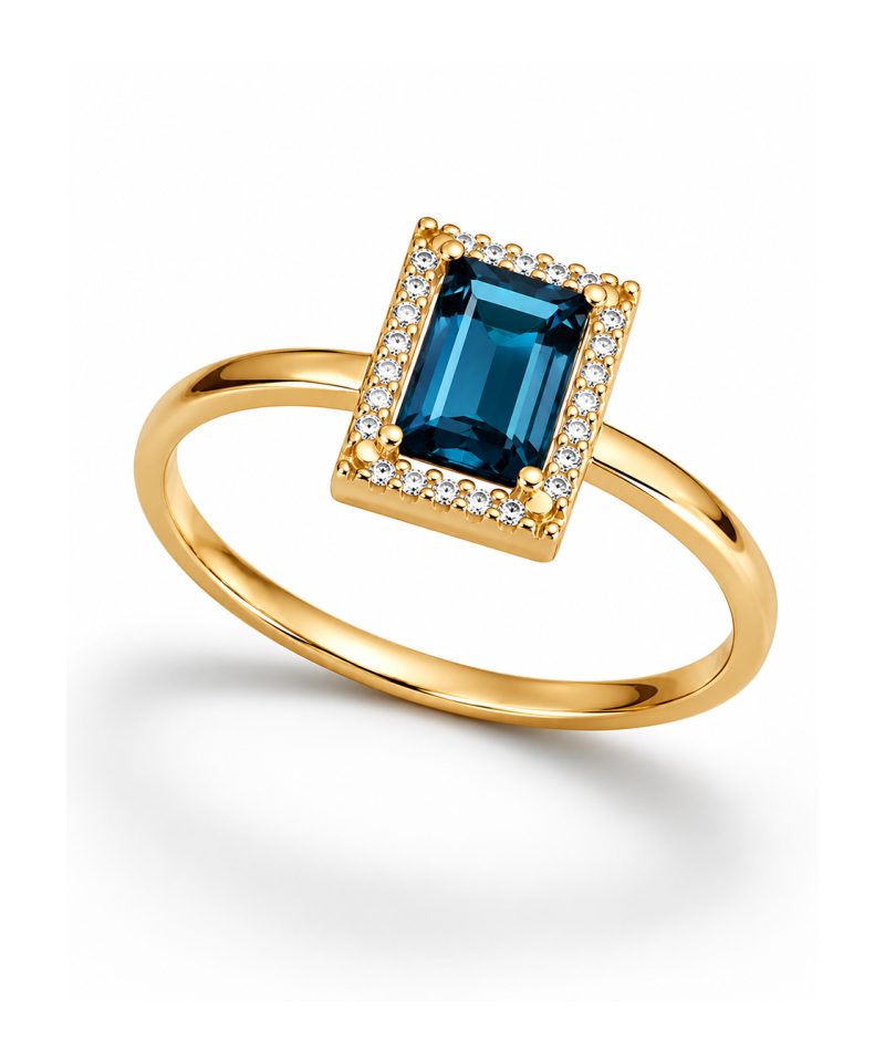 Ring i gult gull, London blue topas og diamanter