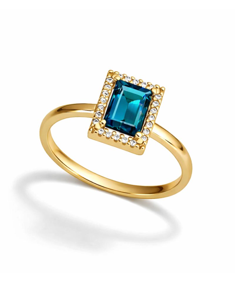 Ring i gult gull, London blue topas og diamanter