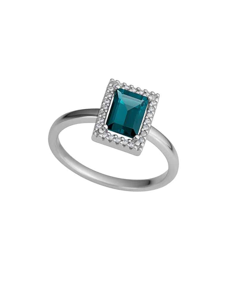 Ring hvitt gull med london blue topas og diamanter 0,09ct w/si