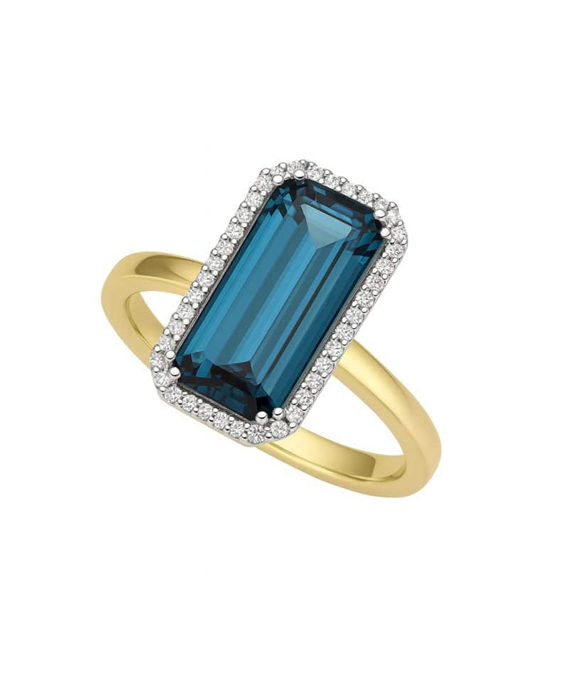 Ring gull med london blue topas og diamanter