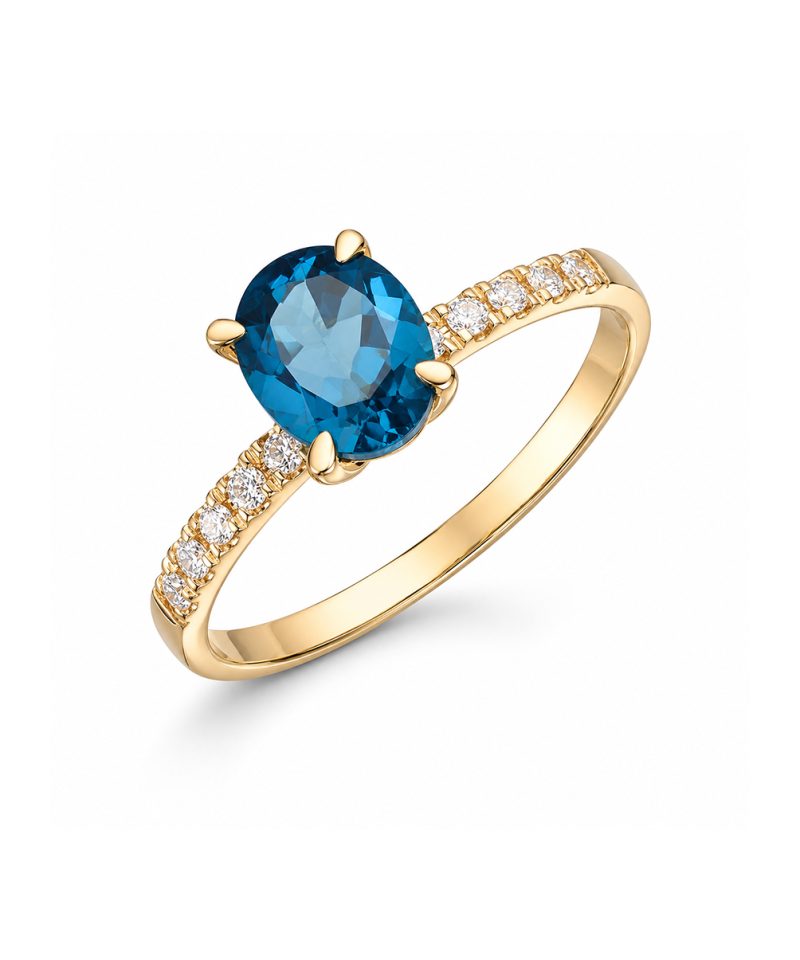 Ring Olivia i gult gull med oval london blue topas og diamanter