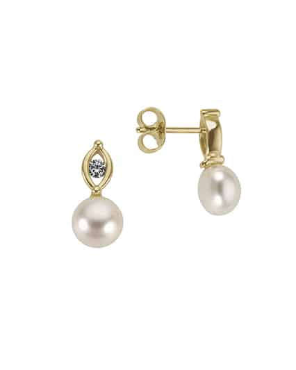 Ørepynt i gult gull med perle og zirconia