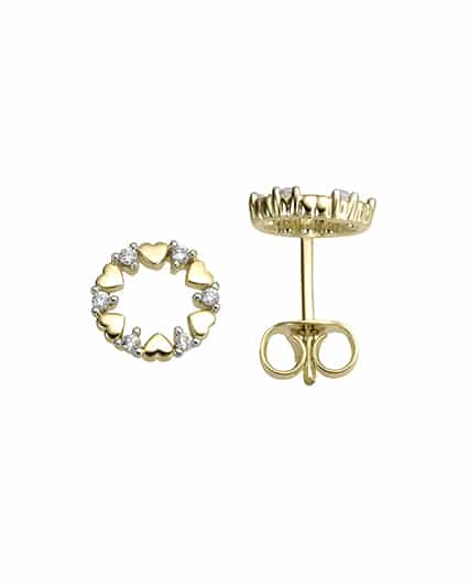 Ørepynt gult gull hjerter med diamanter 0.10ct