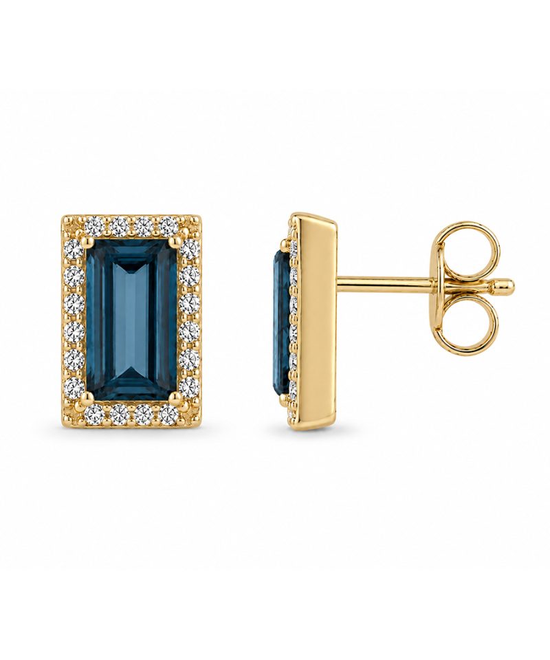 Ørepynt i gult gull, London blue topas og diamanter 0,13 ct