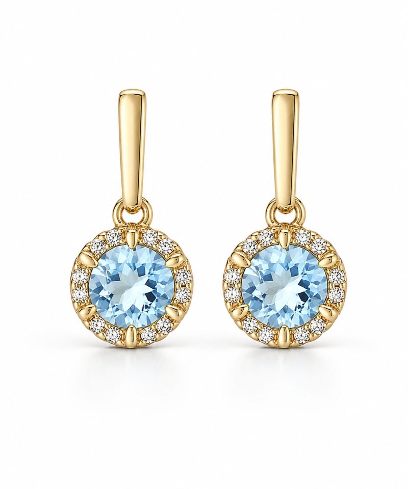 Ørepynt i gult gull, Sky blue topas og diamanter 0,07 ct