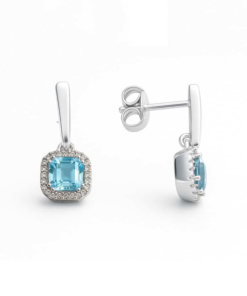 Ørepynt i hvitt gull, Sky Blue Topas og Diamanter