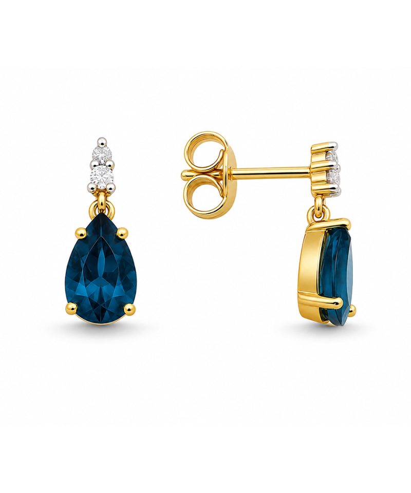 Ørepynt i gult gull, London Blue Topas og Diamanter