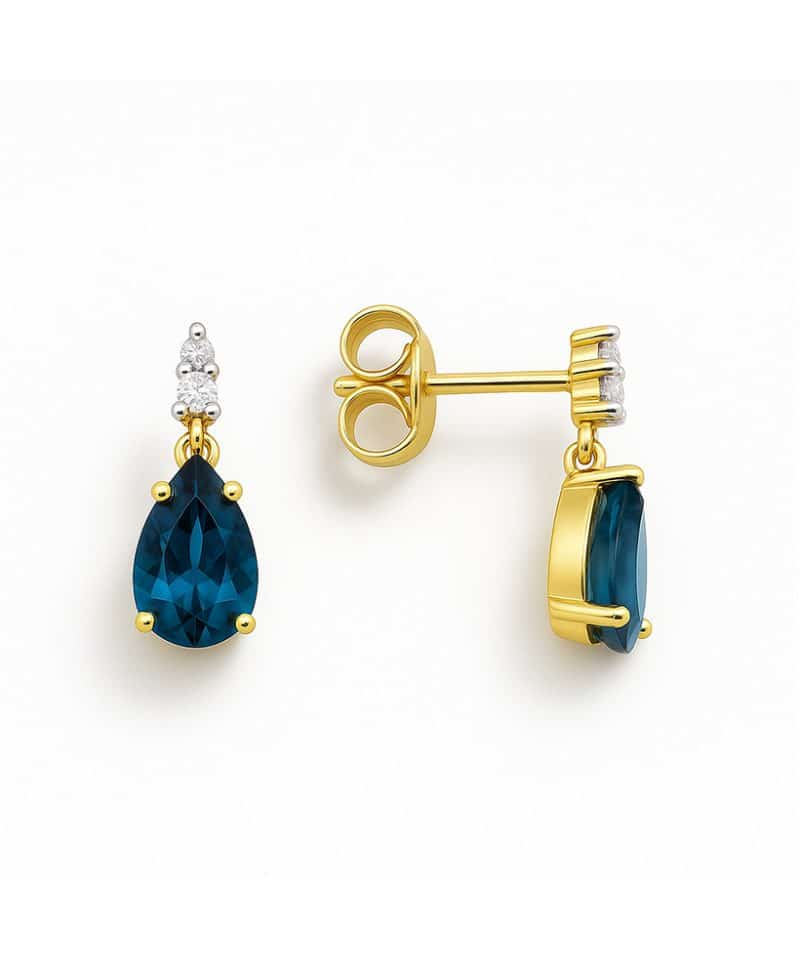 Ørepynt i gult gull, London Blue Topas og Diamanter