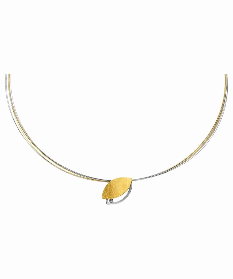 Anheng i sølv og gull med diamanter på stålwire