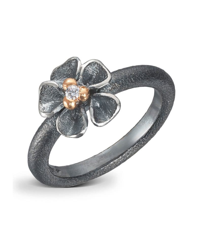Flôra Oksidert sølv ring med diamant, Liten
