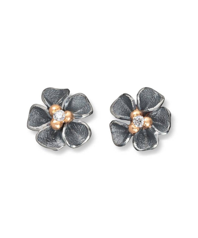Flôra Sølv oksidert ørepynt med gull og diamanter
