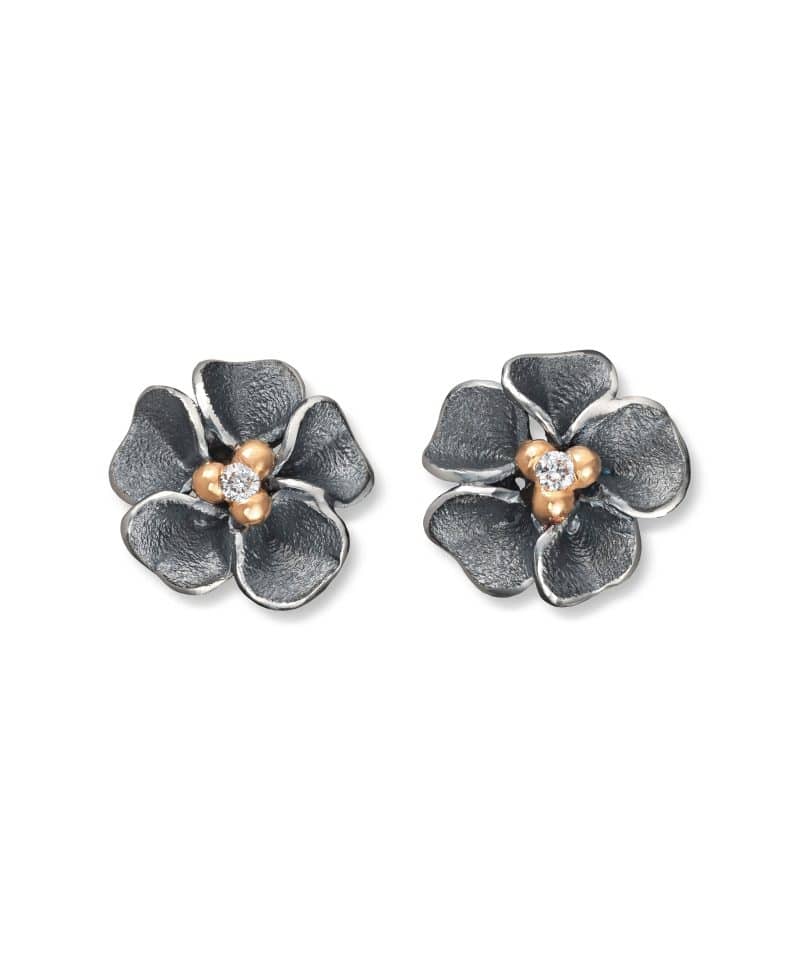 Flôra Sølv oksidert ørepynt med gull og diamant, Stor