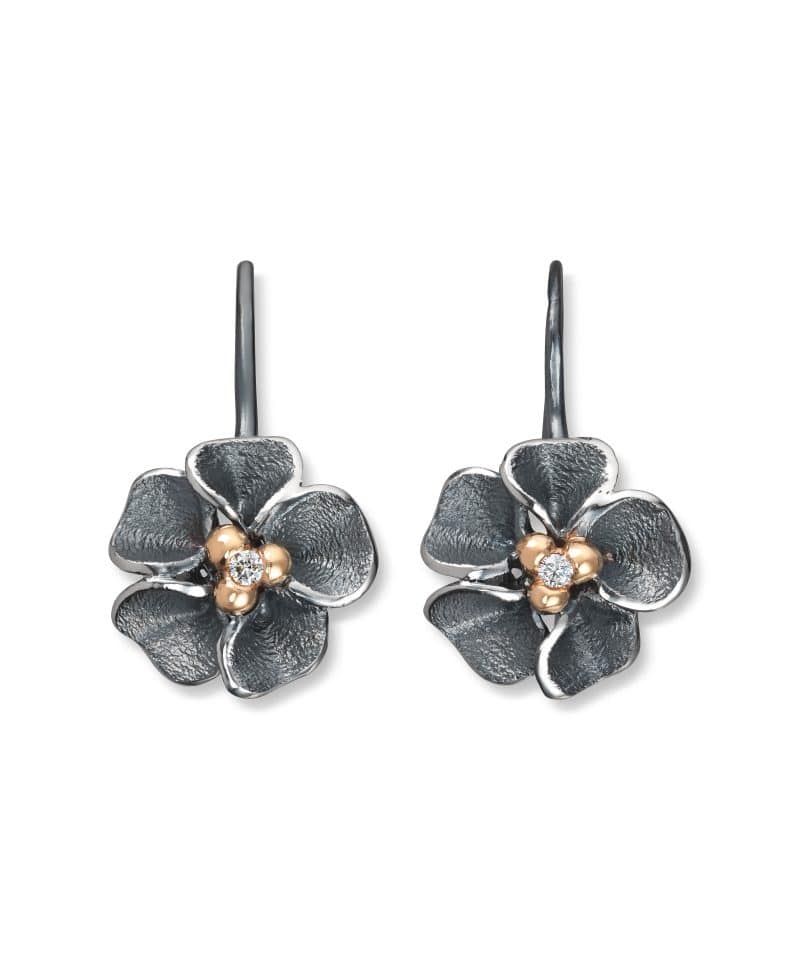 Flôra Sølv oksidert ørepynt med gull og diamant
