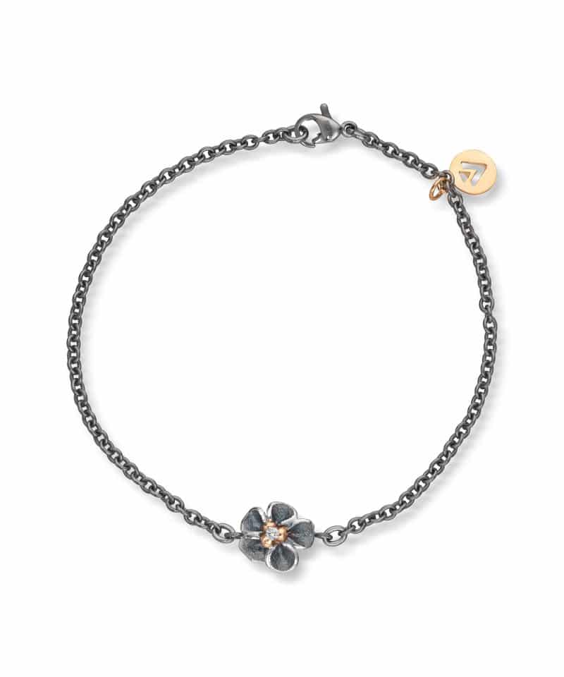 Flôra Stålarmbånd sølv oksidert med gull og diamant