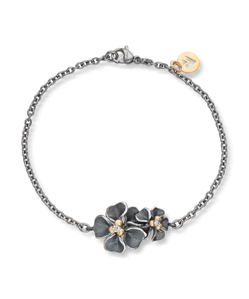 Flôra Stål armbånd med oksidert sølv gult gull og diamanter