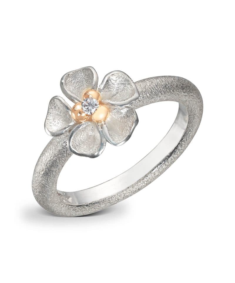 Flôra Sølvring med gult gull og diamant, Liten
