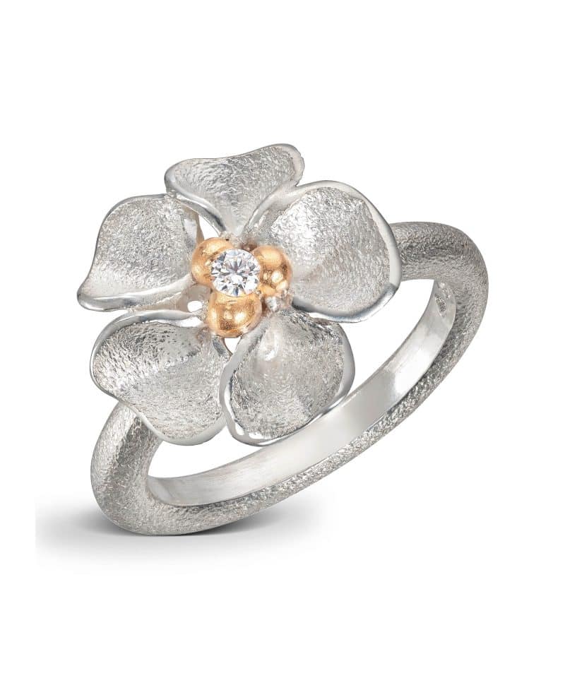 Flôra Sølvring med gult gull og diamant, Medium