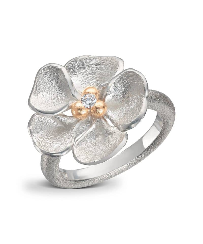 Flôra Sølvring med gult gull og diamant