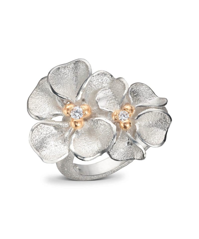 Flôra Sølvring med gult gull og diamanter