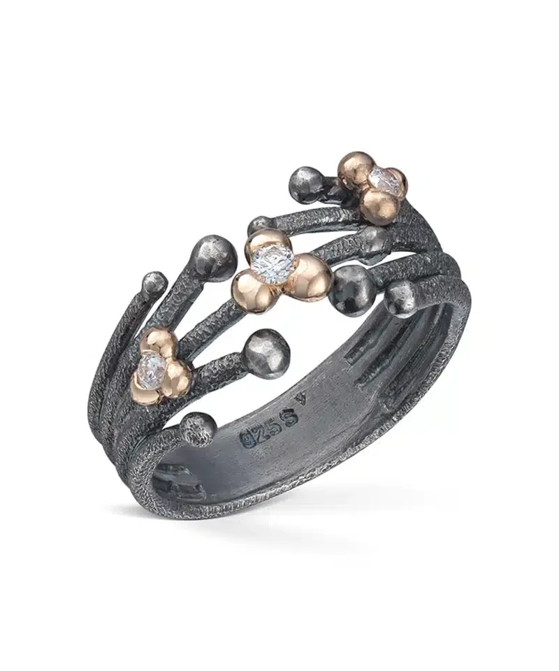 Dugg - Oksidert sølvring med gull og diamanter