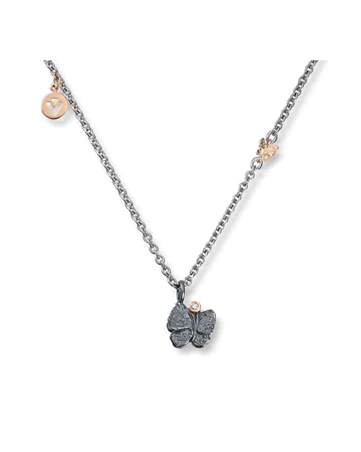 Butterfly - Anheng i oksidert sølv og gull med diamanter