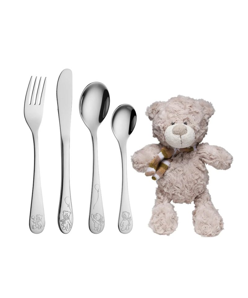 Stålbestikk teddy, 4 deler med bamse